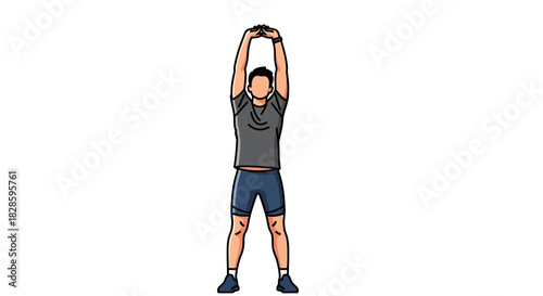 Person stretches arms up hands clasped above head