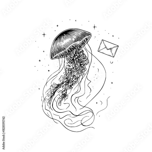 Jellyfish illustration black and white drawing sea life marine animal ocean creature envelope stars celestial art