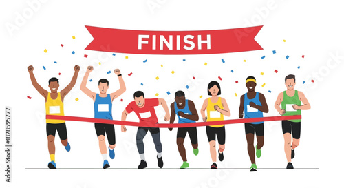 Runners crossing finish line confetti falling