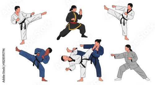 Six martial artists are posed in different positions against a white background