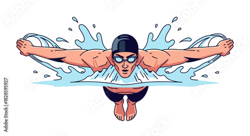 Swimmer in butterfly stroke face forward arms outstretched water splashing