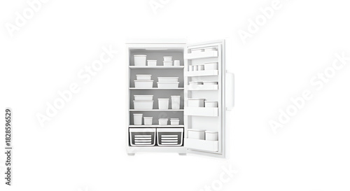 Organized upright freezer stocked with containers and food, ready for storage.