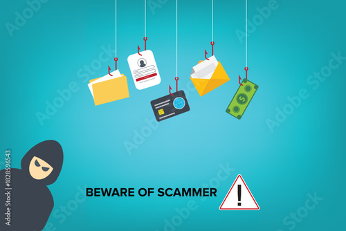 Hacking concept. Hacker in front of his computer committing digital cybercrime, trying to steal confidential data, personal information and credit card detail. 