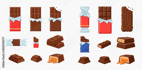 A collection of various chocolate products including bars, candies, and pieces, some with caramel filling and wrappers.