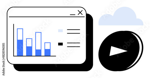 Bar graph in window interface beside cloud and play button, emphasizing technology, data, media, analytics, cloud computing, presentations, education and user interface design. Simple flat metaphor