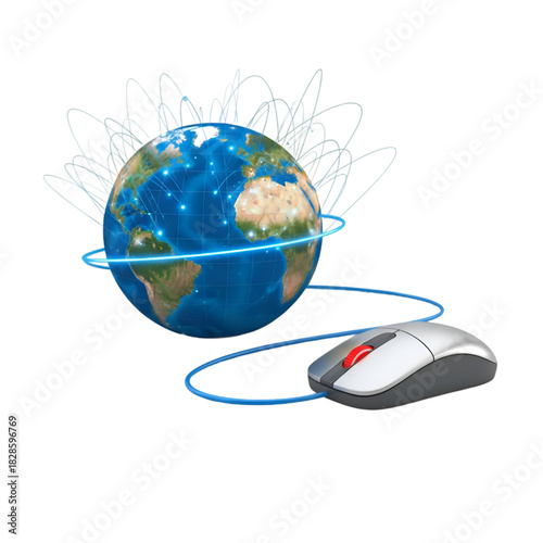 Computer mouse connected to a globe isolated on transparent background
