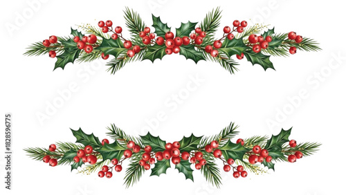 Watercolor Christmas Holly Leaves and Berry Borders with Pine Branches Festive Divider Illustration