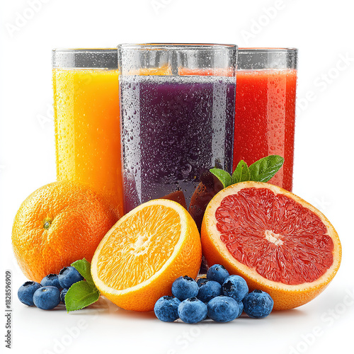 Colorful Freshly Squeezed Juice with Corresponding Fruits for Beverage Ads, Healthy Diet & Food Photography Materials

