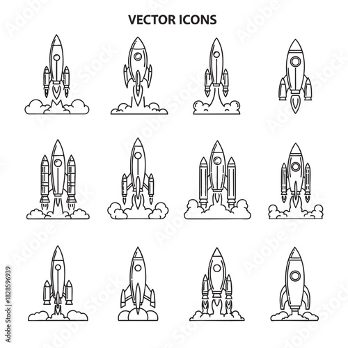 Illustration of a rocket launch with smoke and clouds isolated on white