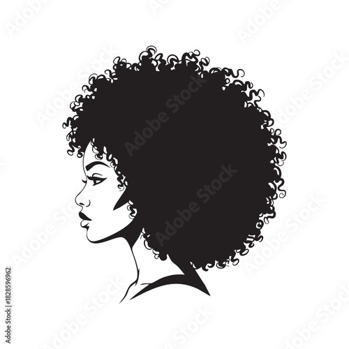 Elegant Black Woman with Natural Curly Hair in Black and White