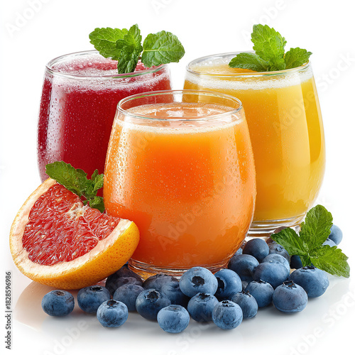 Three Flavored Juices with Fruit Decoration for Beverage Menus, Food Content & Healthy Diet Materials
