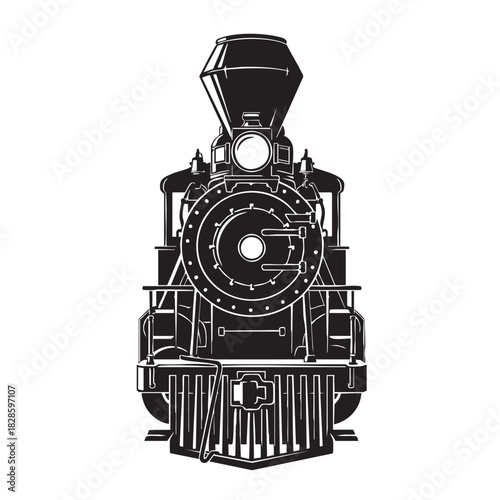 Detailed black and white illustration of an old steam engine train