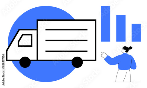 Truck driving forward with statistical bar graph representation, person pointing at data. Ideal for logistics, delivery, shipping, analysis, business growth, supply chain e-commerce. Simple flat