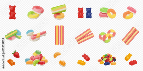 A vibrant collection of various colorful gummy candies, including bears, rings, and strips, displayed on a transparent background.
