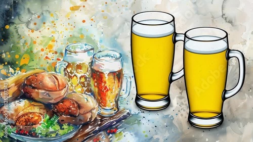 Video Two beer glasses placed next to a plate of food, perfect for casual gatherings or mealtime