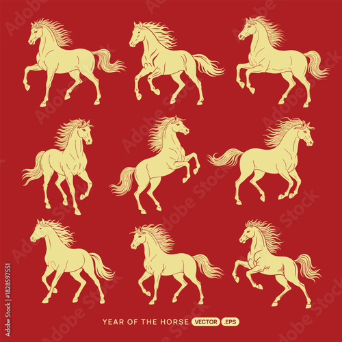 Golden horses prancing on a vibrant red background celebrating Year of the Horse