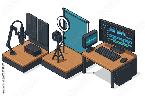 Professional studio setup for content creation with audio recording and video editing gear