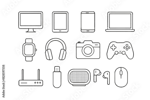 Collection of modern technology gadgets and electronic devices outline icons set