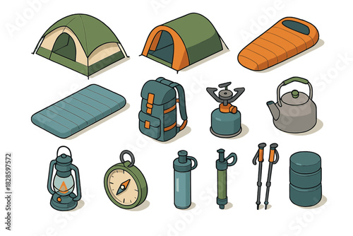 Isometric set of essential camping and hiking gear including tents, backpack, and cooking items