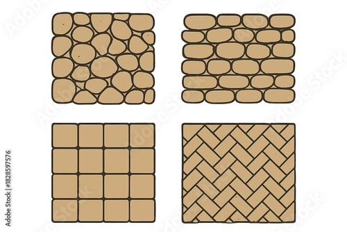 Four distinct stone and brick pavement patterns including cobblestone and herringbone designs