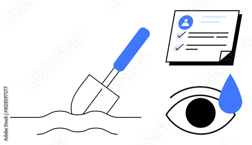 Shovel digging soil, critical document checklist, and eye with drop emphasize diligence, preparation, and vision. Ideal for productivity, strategy, focus, planning effort goals simple flat