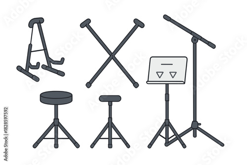 Essential equipment stands and accessories for musical performance and stage setup