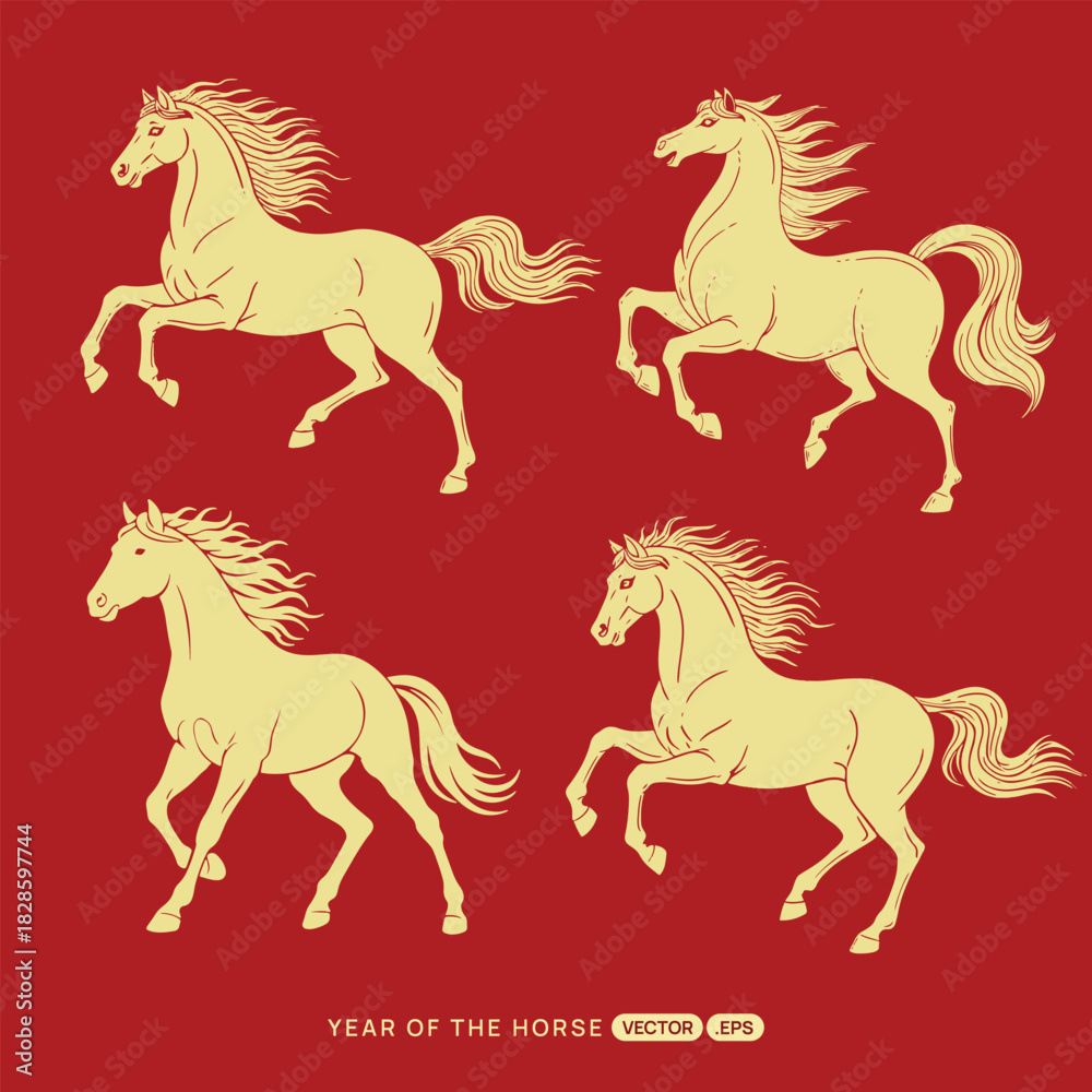 Fototapeta premium Dynamic Golden Horse Silhouettes for Chinese Lunar New Year Celebration