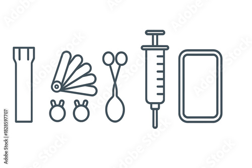 Laboratory instruments syringe forceps and blood sample containers outline icons