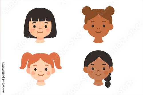 Diverse group of four smiling young girls' heads with various hairstyles and skin tones