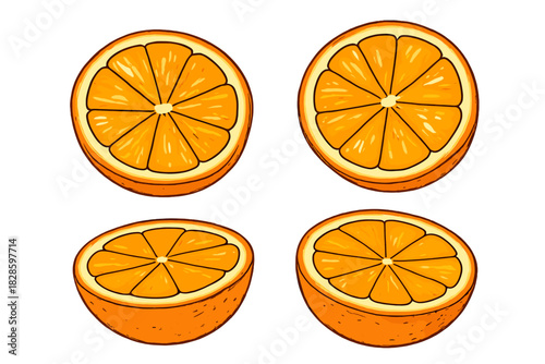 Fresh orange slices and halves showing juicy pulp and bright citrus fruit segments