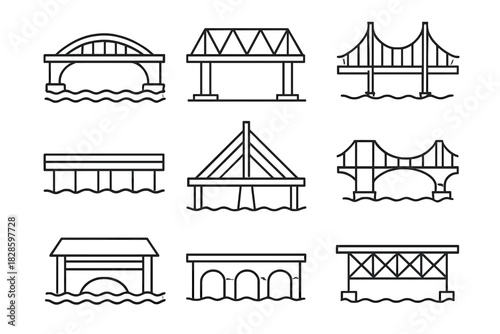 Collection of nine different bridge structures over water in various architectural styles