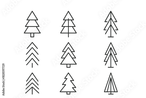 Set of nine simple geometric pine tree and Christmas tree outline symbols