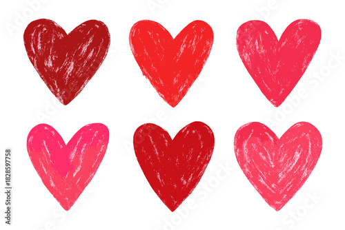 Six hand-drawn hearts with red and pink crayon texture for love and romance design