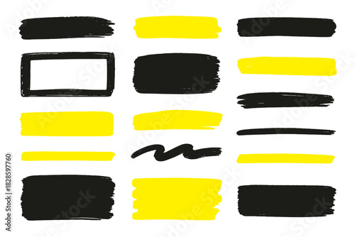 Hand drawn marker strokes and highlighter shapes in black and bright yellow colors