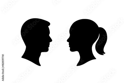 Male and female head silhouettes facing each other symbolizing dialogue and connection