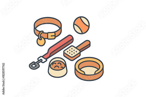 Essential accessories for dog or cat care including collar, leash, food bowl, grooming brush, toy, and bed