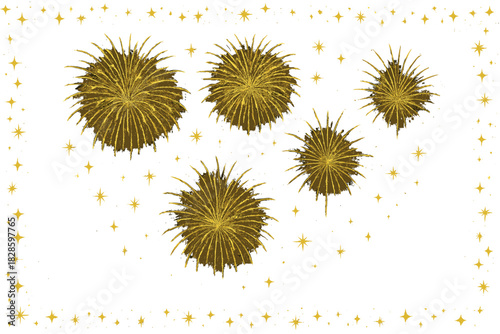 Seamless pattern of sparkling golden fireworks bursts and scattered stars on a white background