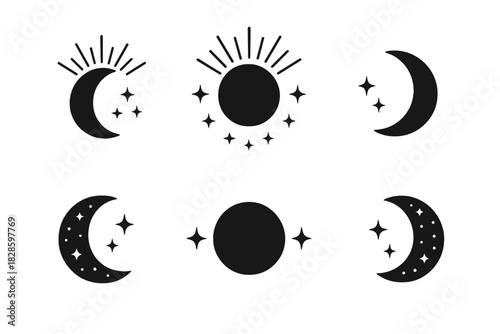 Minimalist celestial symbols featuring sun, moon, and stars for spiritual and astrological themes