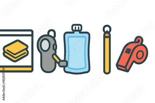 Essential equipment for sports and outdoor activities: whistle, water bottle, and diving mask