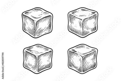 Set of four melting ice cubes in hand drawn sketch style for cold beverages