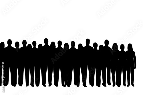 Black silhouette of a large diverse group of people standing together side by side