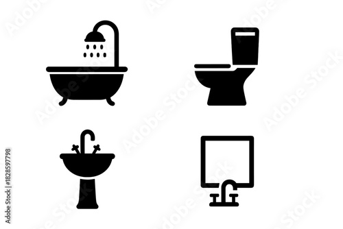 Minimal black symbols of essential bathroom fixtures like toilet, bathtub, and sinks
