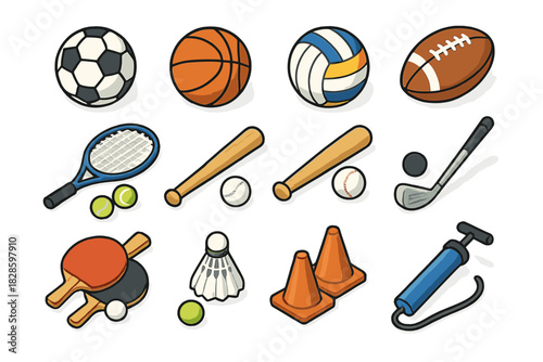 Large set of popular sports equipment items including balls, bats, rackets, and training gear