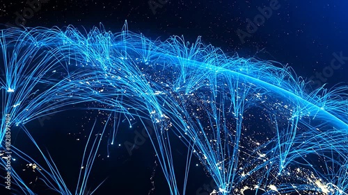 Global Network Connections Abstract Data Visualization Blue Light Trails Across Dark Planet Surface with Sparkling Lights