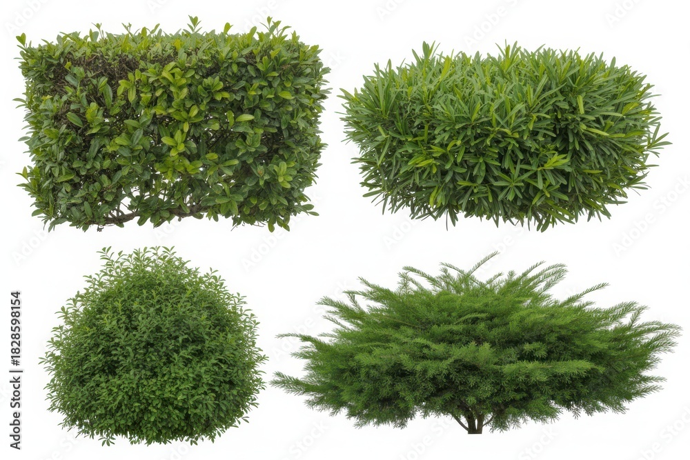 Fototapeta premium Four diverse green bushes and hedges, isolated on white background