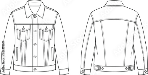 Black and white line art illustration of a denim jacket front and back views clothing