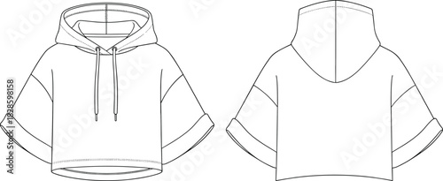 Black and white line drawing of a cropped hoodie with wide sleeves and drawstring