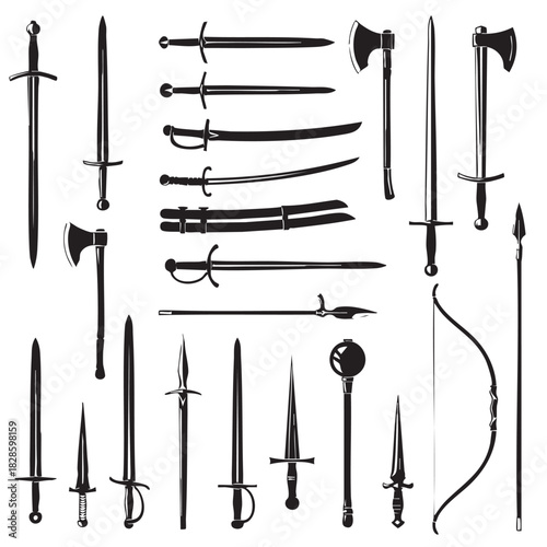 Collection of various antique swords and axe in black and white style