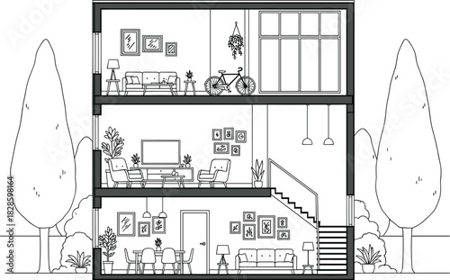 Black and white line drawing of a three story house interior with furniture and exterior trees