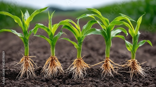 Budding Green Maize in fertile ground: A vibrant row of young corn plants stands tall, their roots anchoring firmly in the rich, dark soil, under the bright sun, a symbol of growth and sustenance.